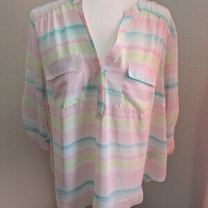 Torrid Harper Blouse Women's Sheer  Pastel Stripe 3/4 Roll Tab Sleeves